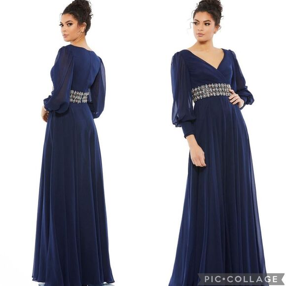 Mac Duggal Bishop Sheer Sleeve Embellished Wrap Belt Navy MOB Elegant Gown 8 - Picture 1 of 13